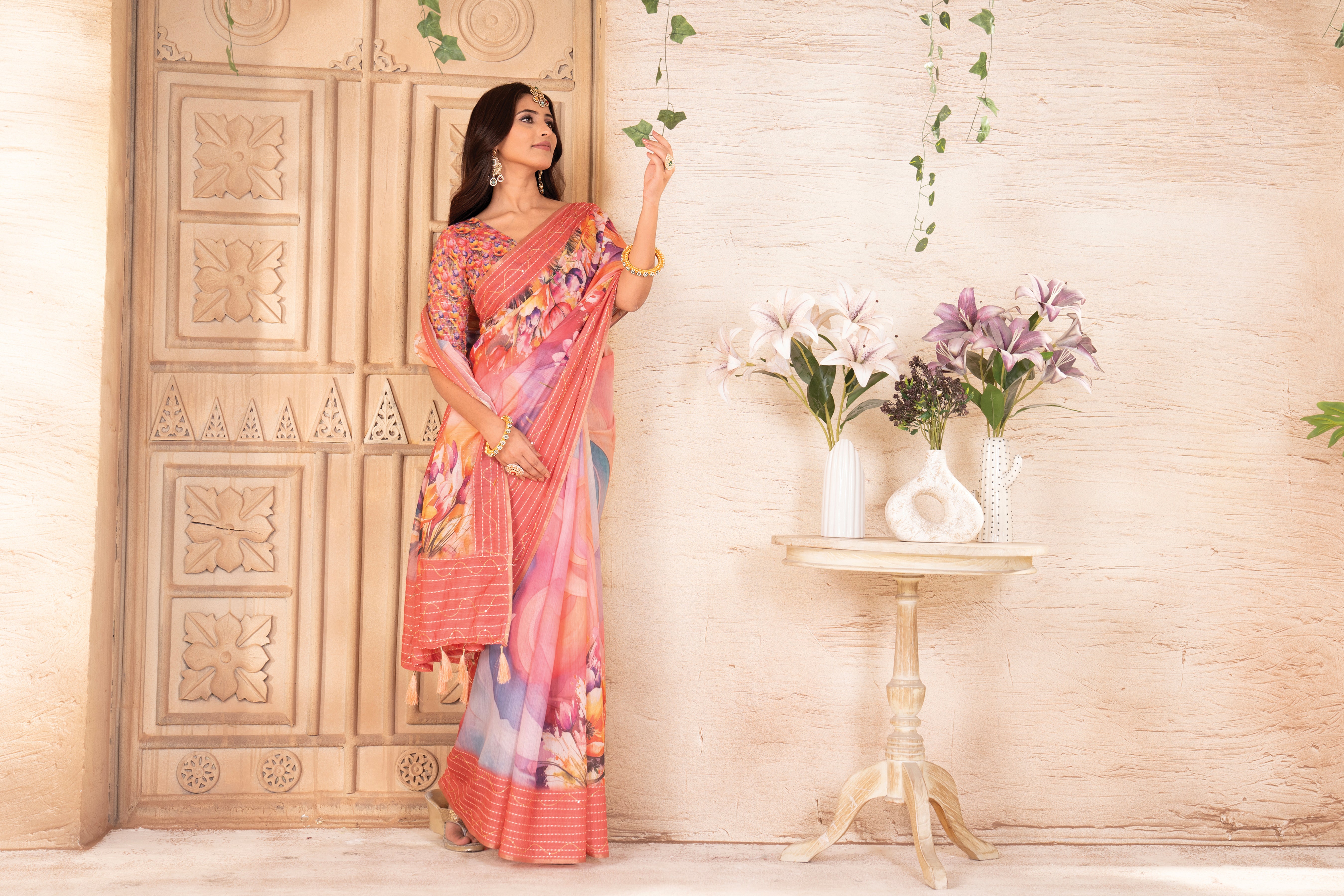 Gajari Flora Silk Chanderi Saree